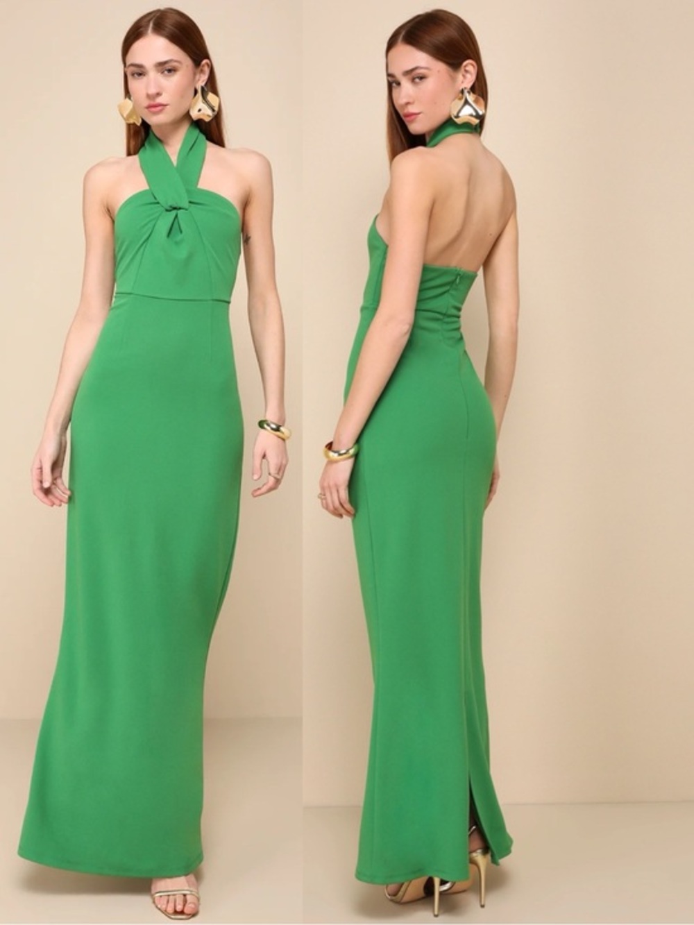 NWT Lulu’s Mesmerizing Perfection Green Halter Neck Backless Maxi Dress Large
